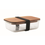 Glas-Brotdose mit Holzdeckel und elastischem Verschlussband farbe transparent