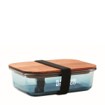 Glas-Brotdose mit Holzdeckel und elastischem Verschlussband farbe blau-transparent Ansicht mit Druckbereich