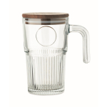 Große Glas-Tasse geriffelt mit Holzdeckel 450 ml farbe transparent