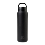 Wasserflasche aus recyceltem Edelstahl mit Doppeldeckel, 470 ml farbe schwarz Ansicht mit Logo