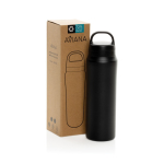 Wasserflasche aus recyceltem Edelstahl mit Doppeldeckel, 470 ml farbe schwarz Ansicht mit Box