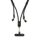 Handykabel mit USB-C aus RPET, mit Nackenband und 60 W Ladeleistung farbe schwarz Ansicht mit Logo