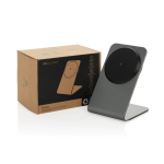 Premium 15W Ladegerät, magnetisch & kabellos aus recyceltem Aluminium farbe grau Ansicht mit Box