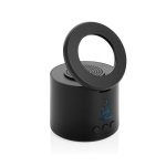 Kabelloser Lautsprecher aus recyceltem ABS mit Subwoofer & Handyhalter farbe schwarz Ansicht mit Logo