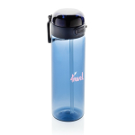 Sportflasche aus RPET mit auslaufsicherem Deckel und Trinkhalm 800 ml farbe marineblau Ansicht mit Logo