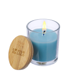 Vanilleduftkerze im Glas mit Bambusdeckel farbe hellblau Ansicht mit Druckbereich