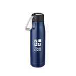 Auslaufsichere Edelstahlflasche mit Kordelgriff, 500 ml farbe blau Ansicht mit Druckbereich