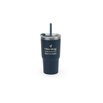 Becher 600 ml aus recyceltem Stahl, doppelwandig, matt farbe marineblau Ansicht mit Logo 1