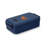 Lunchbox aus spülmaschinenfestem Kunststoff mit robuster Deckel 900 ml farbe marineblau Ansicht mit Logo 1
