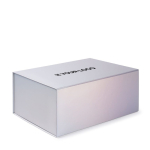 Selbstaufrichtende Geschenkbox aus Karton mit Magnetverschluss farbe silber Ansicht mit Druckbereich