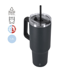 Recycelte Edelstahlflasche mit Strohhalm und Öffnung, 1,2 l