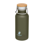 Einwandige Edelstahlflasche mit Bambusdeckel 550 ml farbe dunkelgrün Ansicht mit Tampondruck