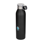 Recycelte Edelstahlflasche mit Rundgriff 650 ml farbe schwarz Ansicht mit Tampondruck
