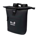 Wasserabweisender Rolltop-Rucksack aus Kunstleder für Laptop 15” farbe schwarz Ansicht mit Transferdruck