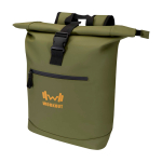 Wasserabweisender Rolltop-Rucksack aus Kunstleder für Laptop 15” farbe dunkelgrün Ansicht mit Transferdruck