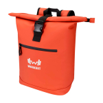 Wasserabweisender Rolltop-Rucksack aus Kunstleder für Laptop 15” farbe lachsfarbig Ansicht mit Transferdruck