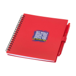 Notizbuch aus recyceltem Kunststoff mit Stifthalter, blaue Tinte farbe rot Ansicht mit Tampondruck