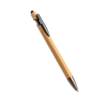Bambus-Kugelschreiber mit Touchspitze und Metallelementen, blaue Tinte farbe rot