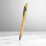 Bambus-Kugelschreiber mit Touchspitze und Metallelementen, blaue Tinte farbe hellgrün