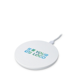 Weißes, rundes Ladegerät mit LED-Anzeige an der Basis 15 W Ansicht mit Druckbereich