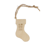Weihnachtsbaumschmuck aus Holz in Form einer Socke Ansicht mit Druckbereich