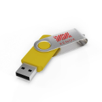 Individueller USB-Stick aus Kunststoff mit drehbarem Metallclip farbe gelb Ansicht mit Logodruck