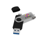 Metall-USB mit USB- und Typ-C-Anschluss, hergestellt in EU farbe schwarz Ansicht mit Logodruck