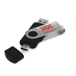 Metall-USB mit USB- und Typ-C-Anschluss, hergestellt in EU farbe schwarz Ansicht mit Logodruck