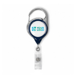 Individuell gefertigter runder ausziehbarer Kartenhalter mit Karabiner farbe marineblau Ansicht mit Druckbereich