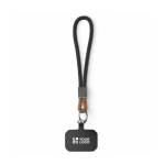 Individuell gefertigte kurze Handy Schlaufe mit Patch und Metallring farbe schwarz Ansicht mit Druckbereich