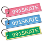 Gewebter Schlüsselanhänger aus Polyester mit Ring mit Logo bestickbar farbe pink achte Ansicht