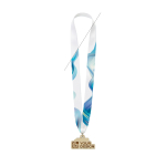 Personalisierbare Holzmedaille mit V förmig angenähter Kordel farbe weiß Ansicht mit Druckbereich