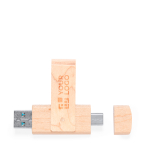 Heller Holz USB Stick mit drehbarem Clip und doppeltem Typ C Anschluss Ansicht mit Druckbereich