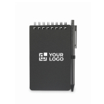 Wasserabweisendes Notizbuch mit Kunststoffcover und Kugelschreiber farbe schwarz Ansicht mit Druckbereich