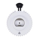 Mechanischer Kunststoffwürfel mit Flaschenöffner und Druckknopf dritte Ansicht