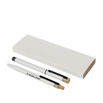 Set aus Aluminium-Kugelschreiber und Rollerball mit Bambusdetails, blaue Tinte farbe weiß Ansicht mit Druckbereich