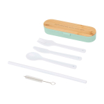 Wiederverwendbares Besteckset mit Box und Bambusdeckel farbe mintgrün Druckansicht des Logos 2