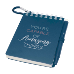 Mini Notizbuch mit Spiralbindung und Kugelschreiber mit schwarzer Tinte farbe marineblau Ansicht mit Tampondruck