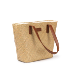 Strohtasche mit Baumwollfutter und langen Henkeln aus Kunstleder farbe natürliche farbe dritte Detailansicht