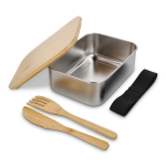 Lunchbox Edelstahl mit Bambusdeckel, Besteck und Band farbe silber zweite Ansicht