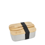 Lunchbox Edelstahl mit Bambusdeckel, Besteck und Band Ansicht mit Druckbereich