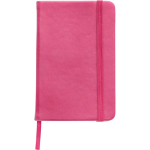 A6-Notizbuch aus recyceltem PU mit Gummiband, linierte Seiten farbe rosa erste Ansicht