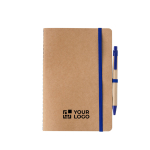 A5-Notizbuch aus Recycling-Karton mit Kuli und blanken Seiten farbe ultramarinblau Ansicht mit Druckbereich