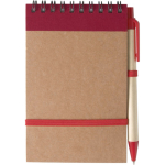 Notizbuch aus Recycling-Pappe mit Kugelschreiber und Gummibandverschluss farbe rot erste Ansicht