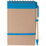 Notizbuch aus Recycling-Pappe mit Kugelschreiber und Gummibandverschluss farbe hellblau erste Ansicht