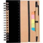 Notizbuch aus Recyclingpapier mit Haftnotizen, Kuli, linierte Seiten farbe schwarz erste Ansicht