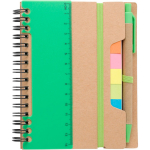 Notizbuch aus Recyclingpapier mit Haftnotizen, Kuli, linierte Seiten farbe hellgrün erste Ansicht