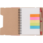 Notizbuch aus Recyclingpapier mit Haftnotizen, Kuli, linierte Seiten dritte Ansicht