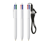 Kugelschreiber aus Kunststoff mit Umhängeband zum Aufhängen und 4-farbiger Tinte BIC® farbe weiß