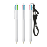 BIC® Kunststoff-Kugelschreiber mit Band zum Umhängen und 4-farbiger Tinte farbe weiß